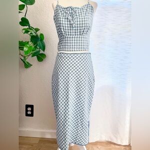 Le Lis Blue Plaid Halter Top and Lace Trim Midi Skirt with Side Slit Set